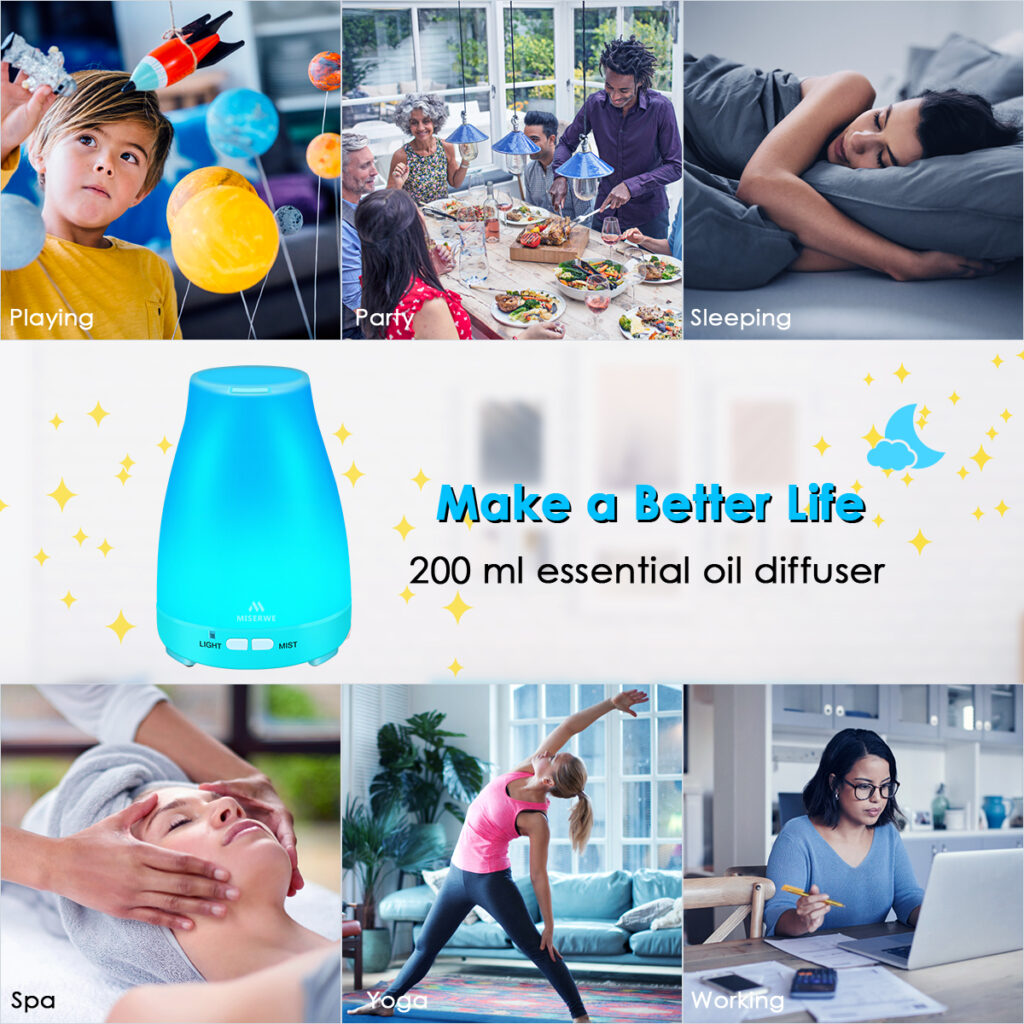 Miserwe 200ML Essential Oil Diffuser Ultrasonic Mist Humidifiers